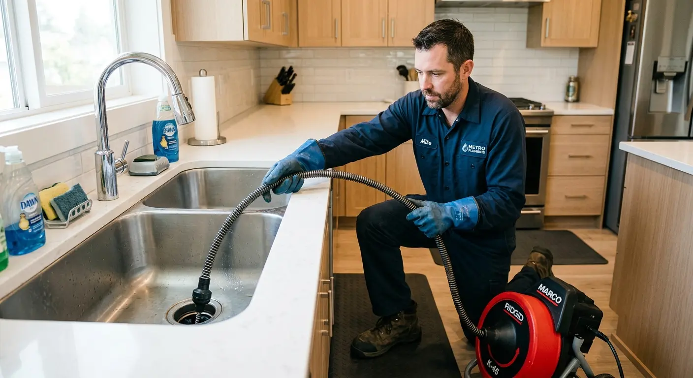 Drain cleaning technician using a motorized snake on a kitchen sink in Storm Lake