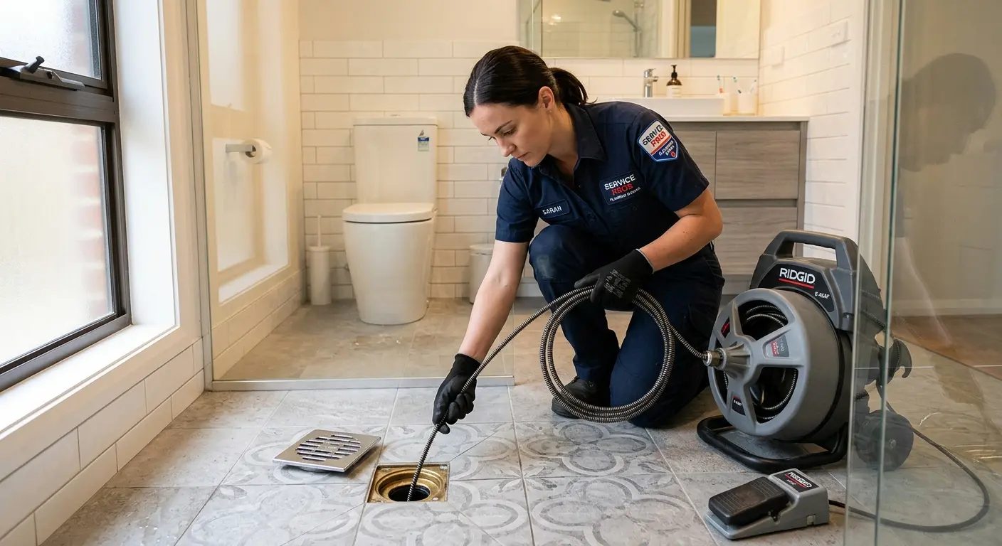 Technician clearing a bathroom floor drain for Hydro Jetting in Storm Lake